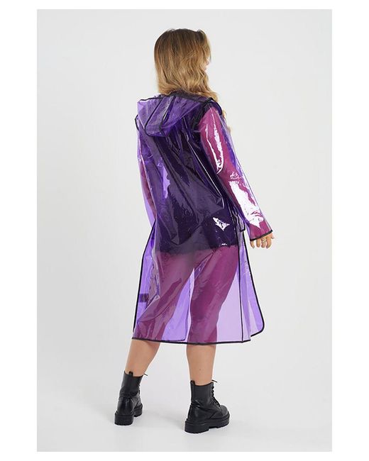 Brave Soul Purple Pale Hooded Longline Rain Mac With Contrasting Binding