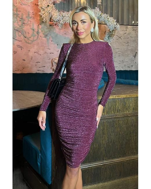 AX Paris Purple Plum Sparkly Long Sleeve Ruched Midi Bodycon Dress