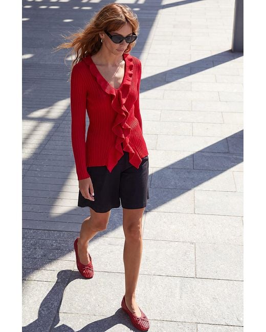 Roman Red Frill Trim Ribbed Knit Top