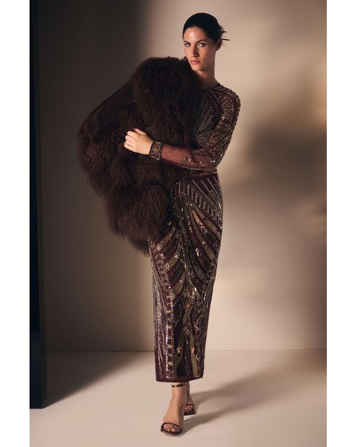Karen Millen Brown Premium Mirrored Crystal Embellished Woven Long Sleeve Column Dress