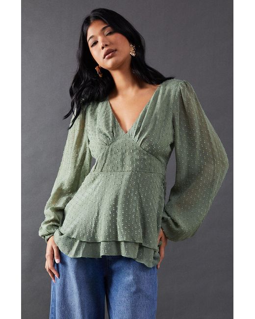 Warehouse Gray Plunge Neck Dobby Chiffon Double Layer Blouse