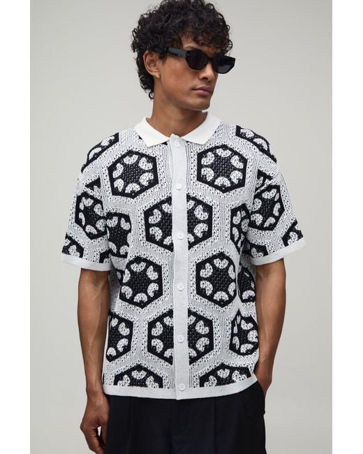 BoohooMAN Gray Relaxed Crochet Tapestry Knitted Shirt for men