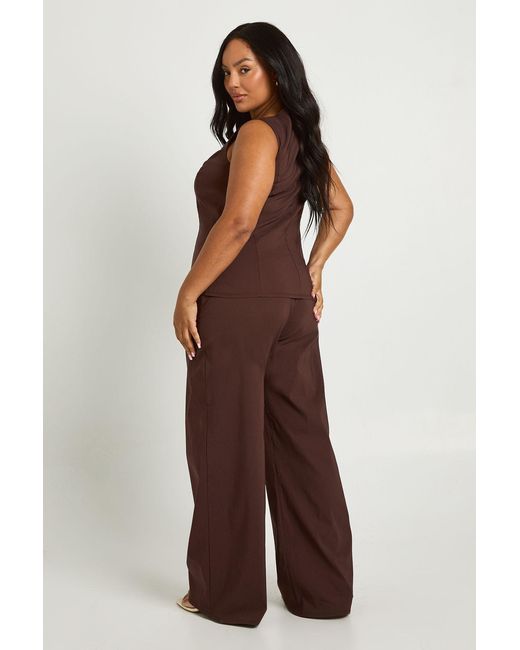Boohoo Brown Plus Super Stretch Fitted Long Line Waistcoat & Wide Leg Pants