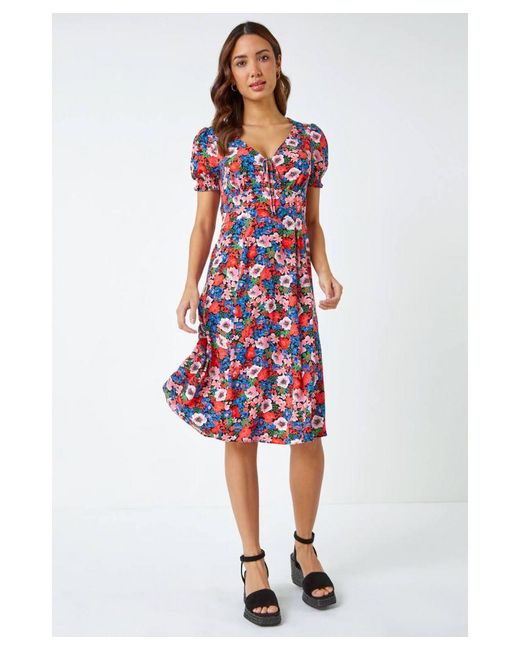 Roman Red Frill Sleeve Floral Tea Dress