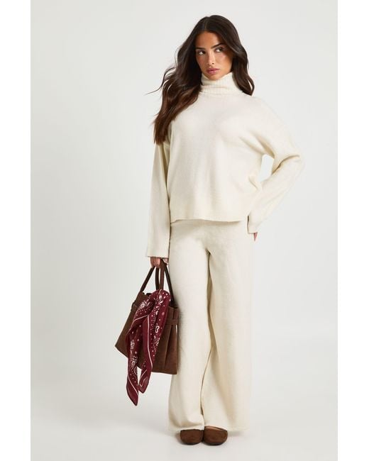 Boohoo Natural Petite Super Soft Roll Neck Oversized Sweater And Wide Leg Trouser Co-Ord