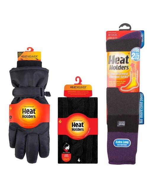 Heat Holders Black Ladies Ski Set Neck Warmer Gloves & Thermal Ski Socks Winter Wear