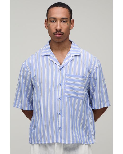 BoohooMAN Blue Oversized Half Sleeve Revere Stripe Shirt for men