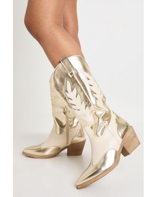 Boohoo Natural Metallic Cut Out Detail Western Cowboy Boots