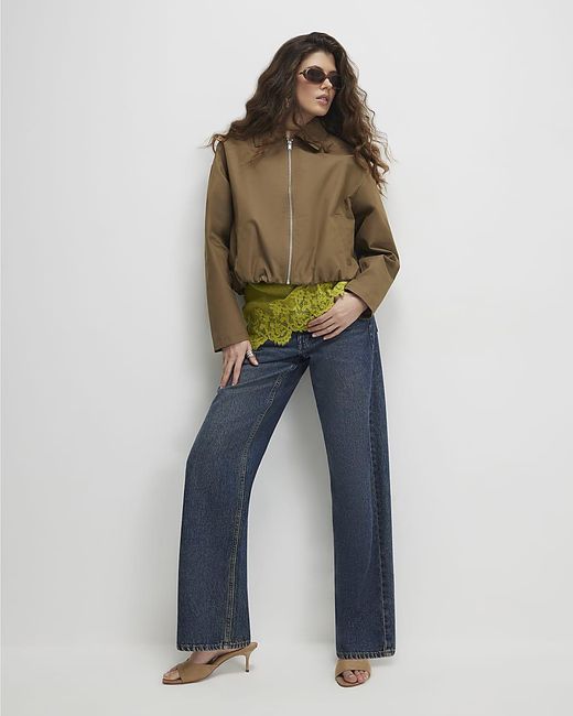 River Island Green Jacket Utility Zip Through Harrington Cotton