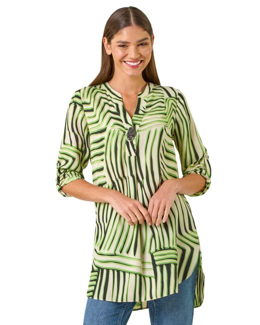 Roman Green Abstract Linear Print V-Neck Button Top