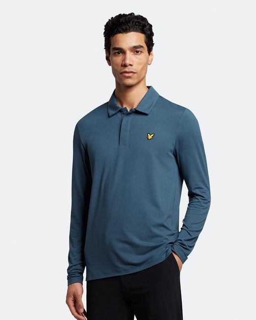 Lyle & Scott Blue Concealed Button Long Sleeve Polo Shirt for men