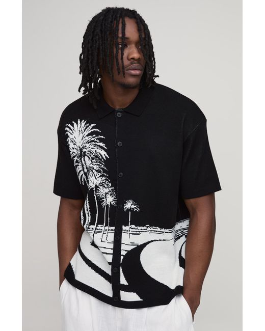 BoohooMAN Black Tall Relaxed Palm Scenic Jacquard Knitted Shirt for men