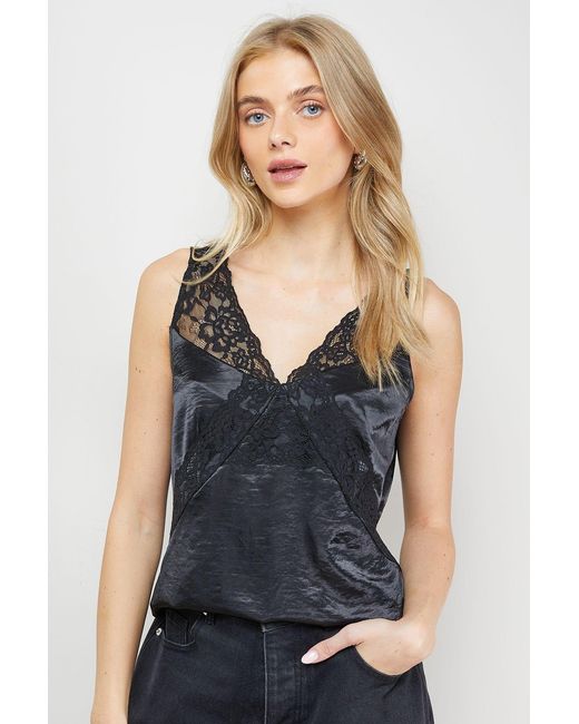 Oasis Blue Satin Lace Detail V Neck Cami Top