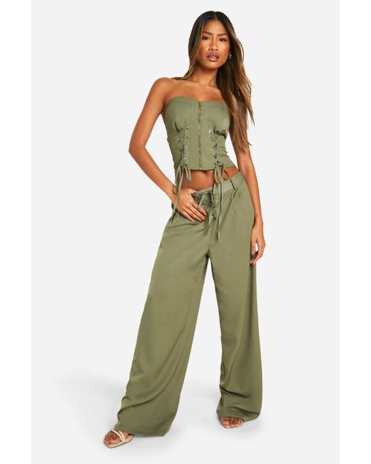 Boohoo Green Lace Up Detail Trouser