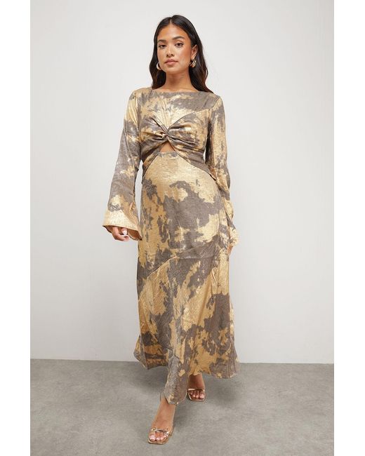 Warehouse Natural Petite Metallic Marble Twist Front Bias Midi Dress