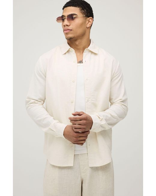 BoohooMAN Natural Regular Fit Long Sleeve Linen Blend Shirt for men