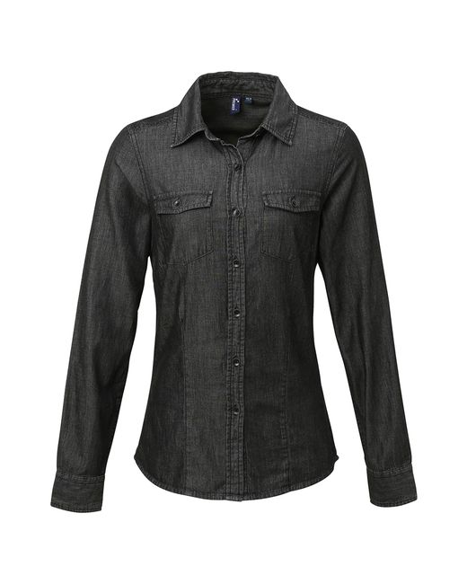 PREMIER Black Ladies Jeans Stitch Long Sleeve Denim Shirt Denim)