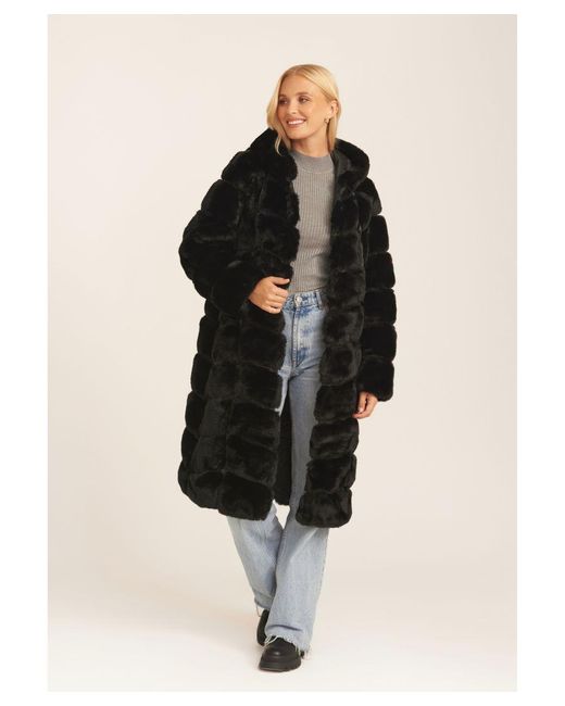 Gini London Black Panelled Hooded Longline Fur Coat