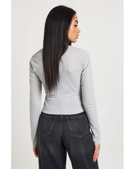 Boohoo Gray Ribbed Long Sleeve Wrap Front Top With Trim