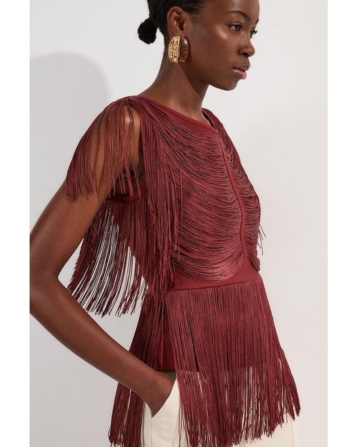 Karen Millen Red Draped Fringe Knitted Top