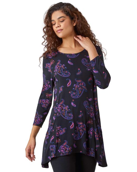 Roman Blue Paisley Pocket Detail Stretch Tunic Swing Top