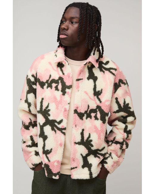 BoohooMAN Natural Oversized Camo Borg Overshirt for men