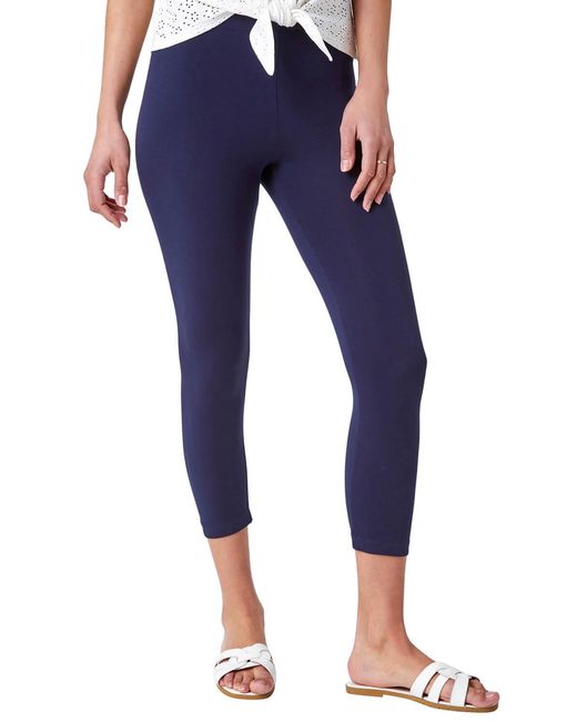 Roman Blue Elastic Waist Stretch Cropped Leggings