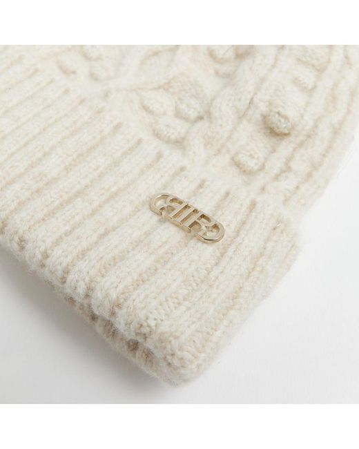 River Island White Beanie Hat Cable Knit