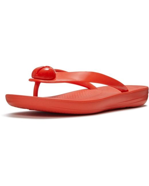 Fitflop Red Iqushion Glossy-Button Polyurethane Cherry Tomato Flip Flops