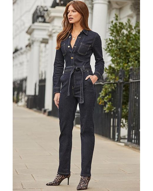 Sosandar Blue Dark Relaxed Fit Denim Jumpsuit