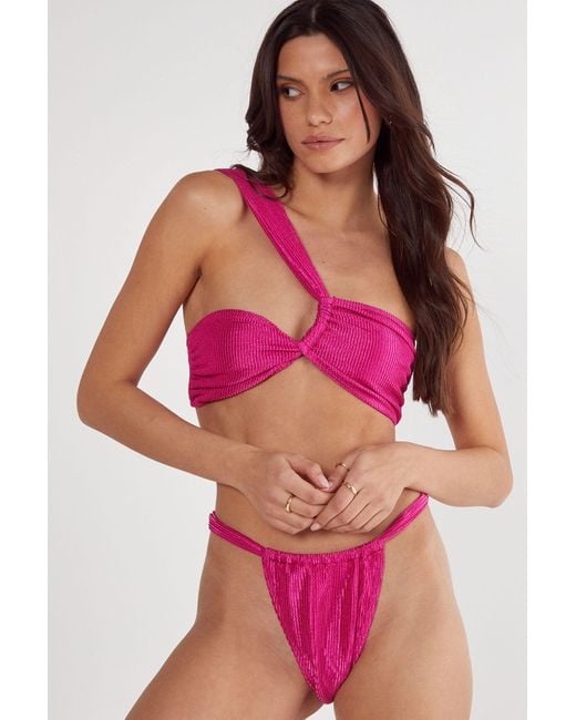 Nasty Gal Pink Ribbed Metallic One Shoulder Bikini Set