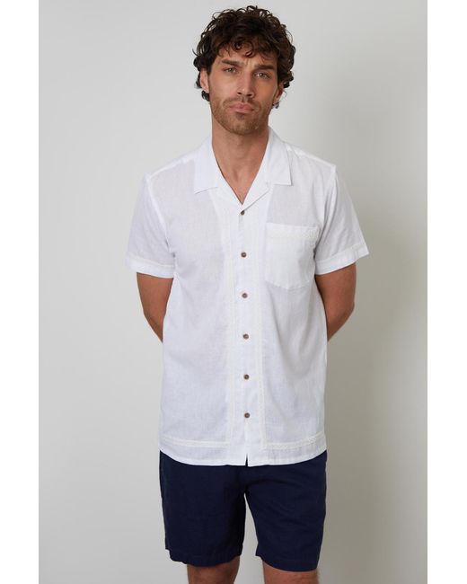 Threadbare White Cotton Crochet Lace Short Sleeve Shirt With Linen for men