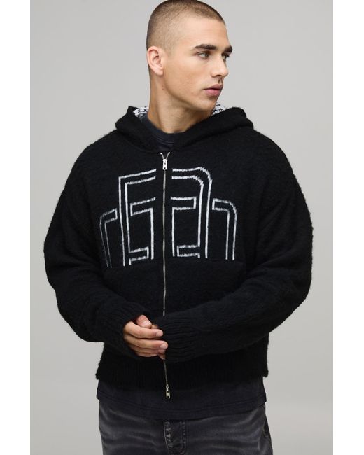 BoohooMAN Black Boxy Fit Fluffy Branded Zip Thru Knitted Hoodie for men