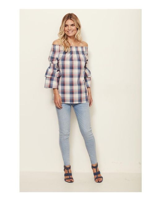 Sosandar Blue Checked Bardot Top