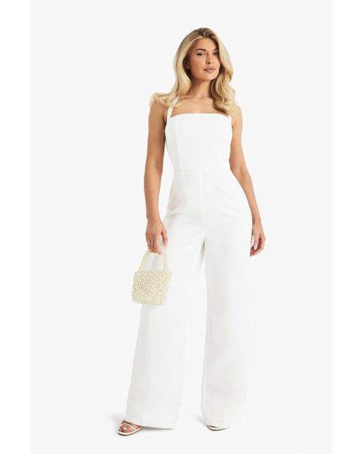 Boohoo White Premium Satin Boned Corset Halterneck Wide Leg Jumpsuit