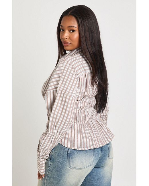 Boohoo Natural Plus Pinstripe Poplin Shirred Waist Shirt