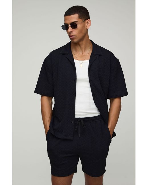 BoohooMAN Blue Short Sleeve Oversized Diamond Stretch Shirt & Short Set for men