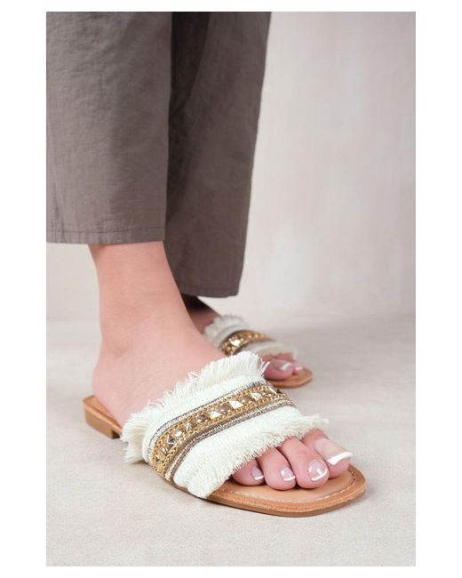 Where's That From Gray 'Astroid' Flat Sandals With Fringe Trim And Stud Details