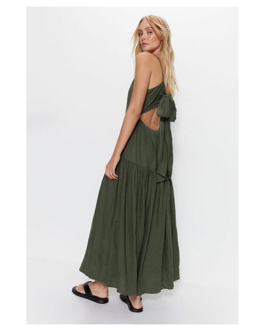 Warehouse Green Linen Tiered Bow Detail Maxi Dress