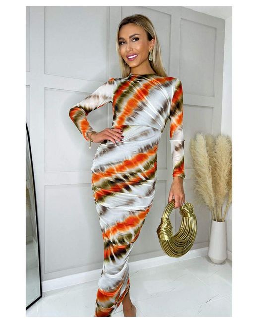 AX Paris White And Abstract Print Mesh Long Sleeve Bodycon Midi Dress