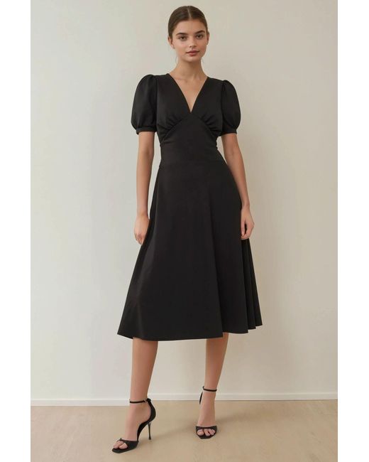 Hiccup Black V-Neck Puff Sleeve A-Line Crepe Midi Dress