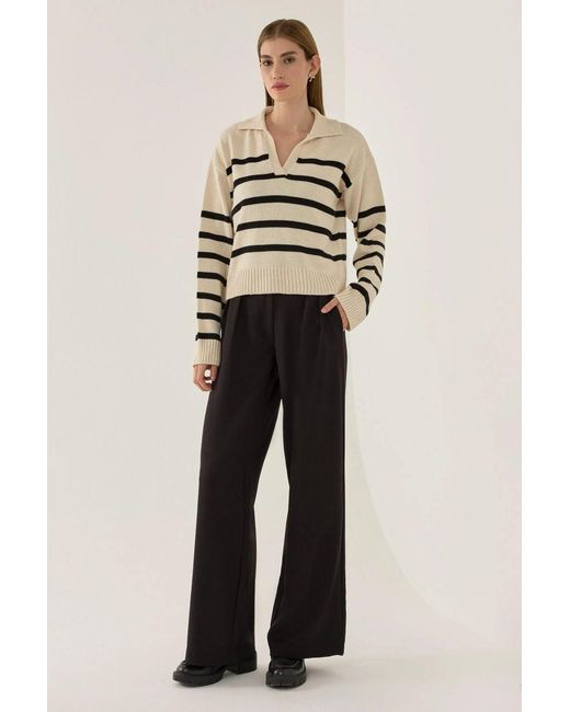 Hiccup Natural Striped Polo Collar Knit Sweater