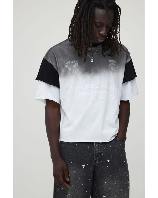 BoohooMAN Black Oversized Boxy Double Faux Layer Heavyweight Washed Distressed T-Shirt for men