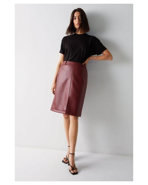 Warehouse Red Stitch Detail Faux Leather Pencil Skirt