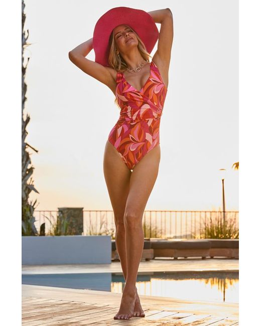 Sosandar Red Swirl Print Ruched Waist Swimsuit
