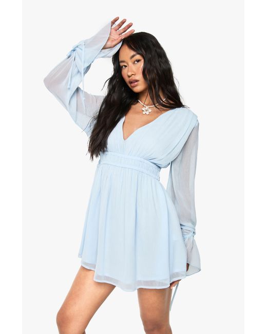 Boohoo Blue Chiffon Long Sleeved Shirred Mini Dress