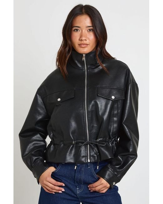 Boohoo Black Funnel Neck Faux Leather Jacket