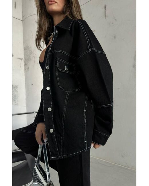 Hiccup Black Denim Collar Oversized Jacket With A Stitch Details