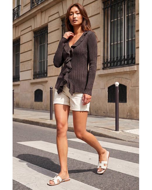 Roman Brown Frill Trim Ribbed Knit Top