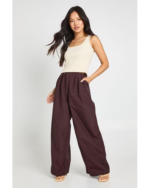 Boohoo Red Petite Nylon Pleat Detail Cargo Trousers
